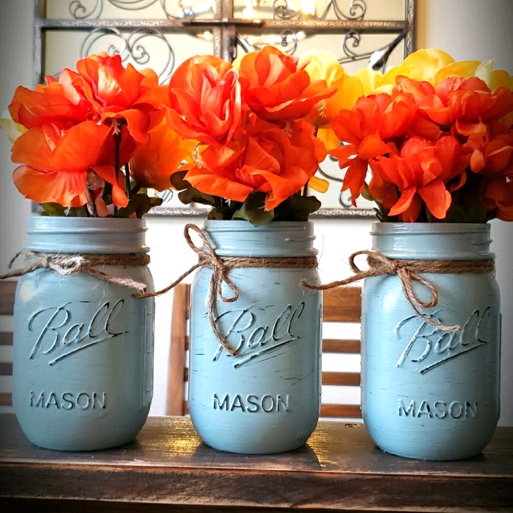 3 Sage Rustic Mason Jar Vases w/ Floral